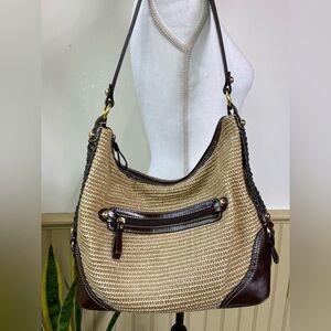 Giani Bernini Woven Hobo Bag Straw Brown Trim Gold Hardware Shoulder Tote